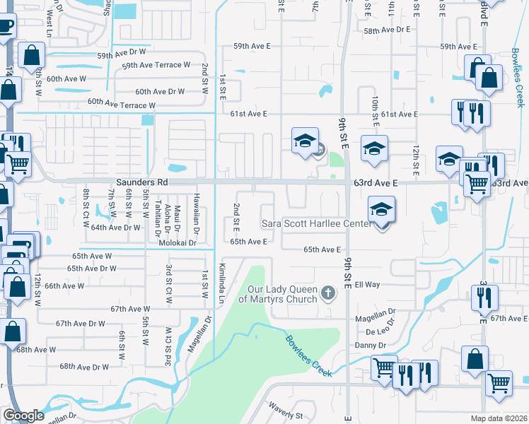 map of restaurants, bars, coffee shops, grocery stores, and more near 330 64th Avenue Circle East in Bradenton