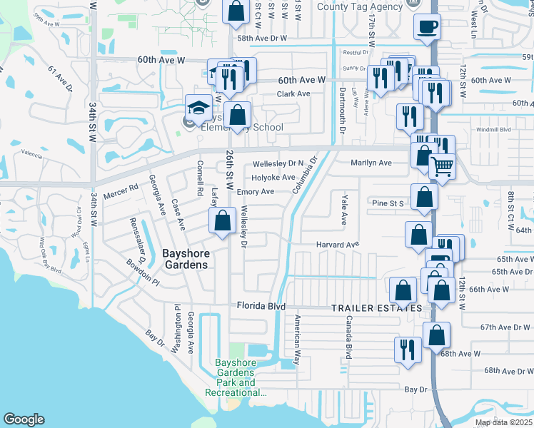 map of restaurants, bars, coffee shops, grocery stores, and more near 2315 Amherst Avenue in Bradenton