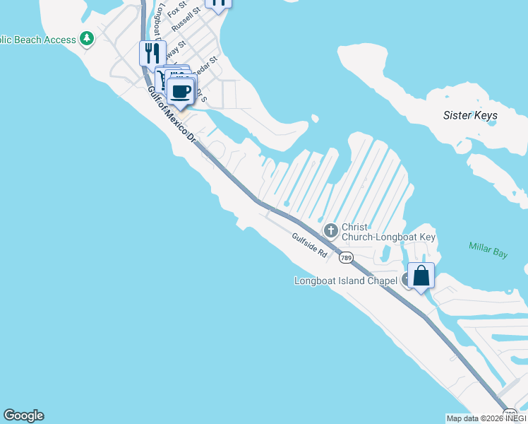 map of restaurants, bars, coffee shops, grocery stores, and more near 6577 Gulfside Road in Longboat Key