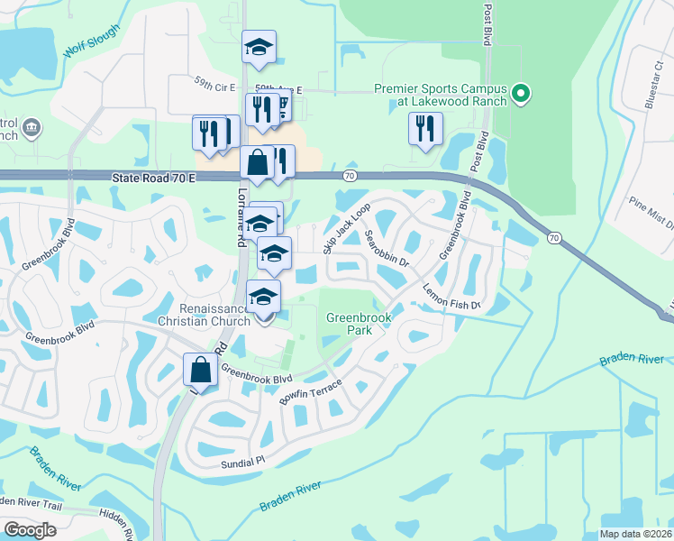 map of restaurants, bars, coffee shops, grocery stores, and more near 14860 Skip Jack Loop in Lakewood Ranch