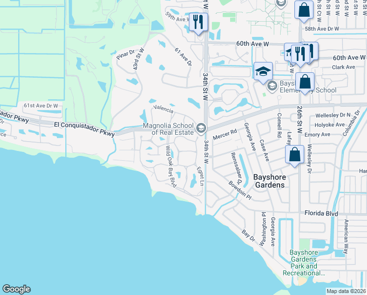 map of restaurants, bars, coffee shops, grocery stores, and more near 3405 Falcon Place in Bradenton