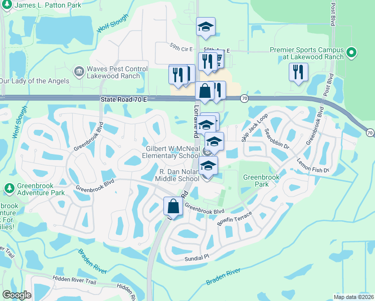 map of restaurants, bars, coffee shops, grocery stores, and more near 14331 Gnatcatcher Terrace in Lakewood Ranch