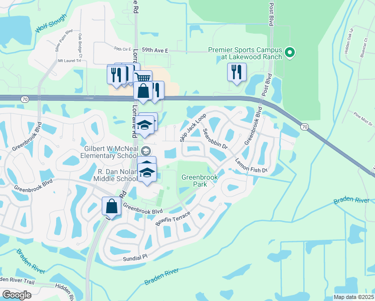 map of restaurants, bars, coffee shops, grocery stores, and more near 14860 Skip Jack Loop in Lakewood Ranch