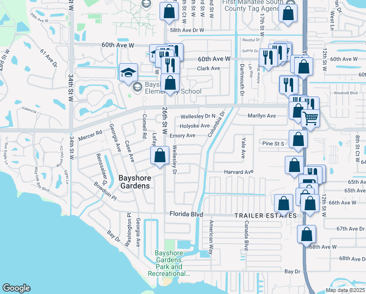 map of restaurants, bars, coffee shops, grocery stores, and more near 2315 Amherst Avenue in Bradenton
