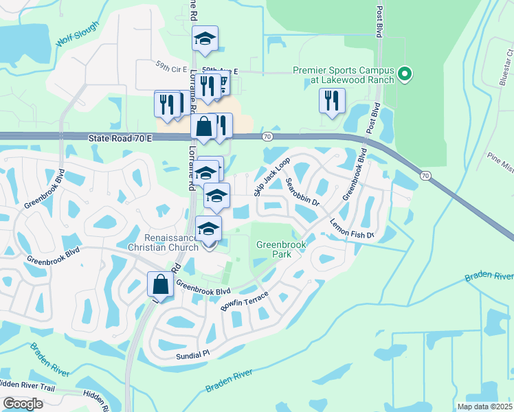 map of restaurants, bars, coffee shops, grocery stores, and more near 14917 Skip Jack Loop in Bradenton