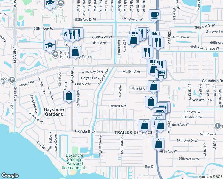 map of restaurants, bars, coffee shops, grocery stores, and more near 2007 Princeton Avenue in Bradenton
