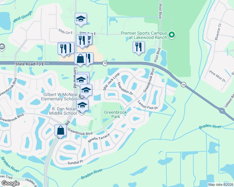 map of restaurants, bars, coffee shops, grocery stores, and more near 14829 Skip Jack Loop in Lakewood Ranch