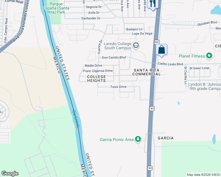 map of restaurants, bars, coffee shops, grocery stores, and more near 1525 Wilfrano Drive in Laredo