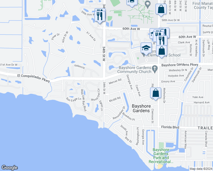 map of restaurants, bars, coffee shops, grocery stores, and more near 3320 Bayshore Gardens Parkway in Bradenton