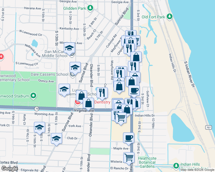 map of restaurants, bars, coffee shops, grocery stores, and more near 1910 Colonial Road in Fort Pierce