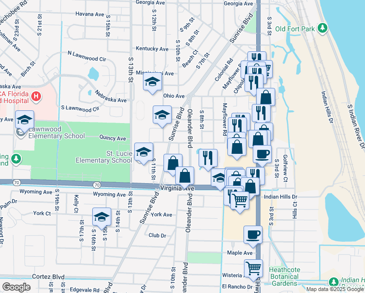 map of restaurants, bars, coffee shops, grocery stores, and more near 910 Southern Avenue in Fort Pierce