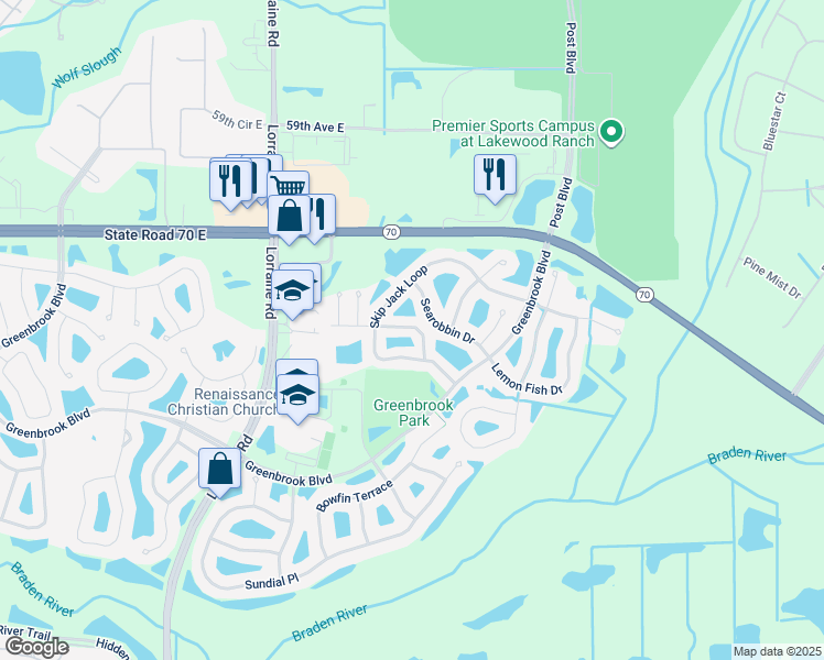 map of restaurants, bars, coffee shops, grocery stores, and more near 14931 Amberjack Terrace in Lakewood Ranch