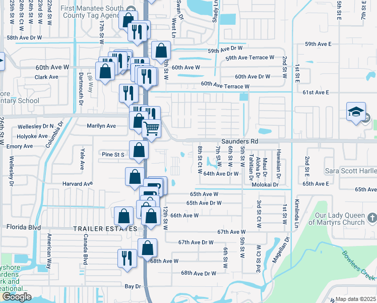 map of restaurants, bars, coffee shops, grocery stores, and more near 912 63rd Avenue West in Bradenton