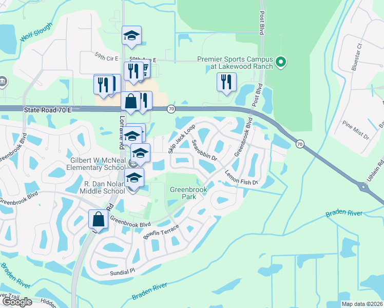 map of restaurants, bars, coffee shops, grocery stores, and more near 15207 Searobbin Drive in Lakewood Ranch