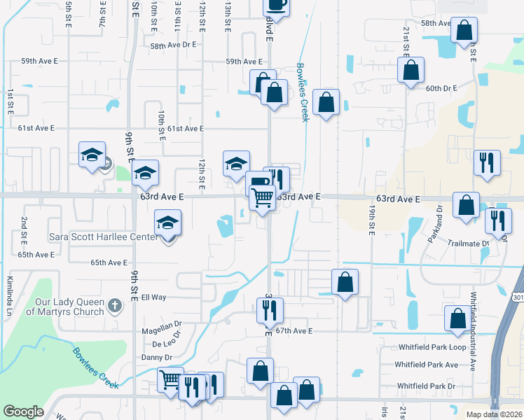 map of restaurants, bars, coffee shops, grocery stores, and more near 6447 301 Boulevard East in Sarasota
