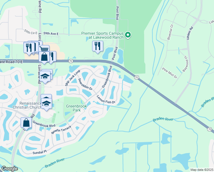 map of restaurants, bars, coffee shops, grocery stores, and more near 6352 Golden Eye Glen in Lakewood Ranch
