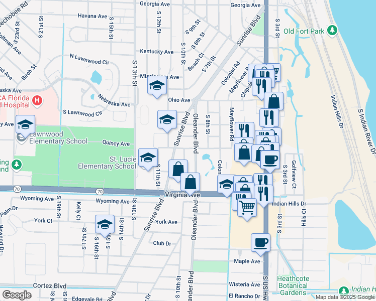 map of restaurants, bars, coffee shops, grocery stores, and more near 910 Southern Avenue in Fort Pierce