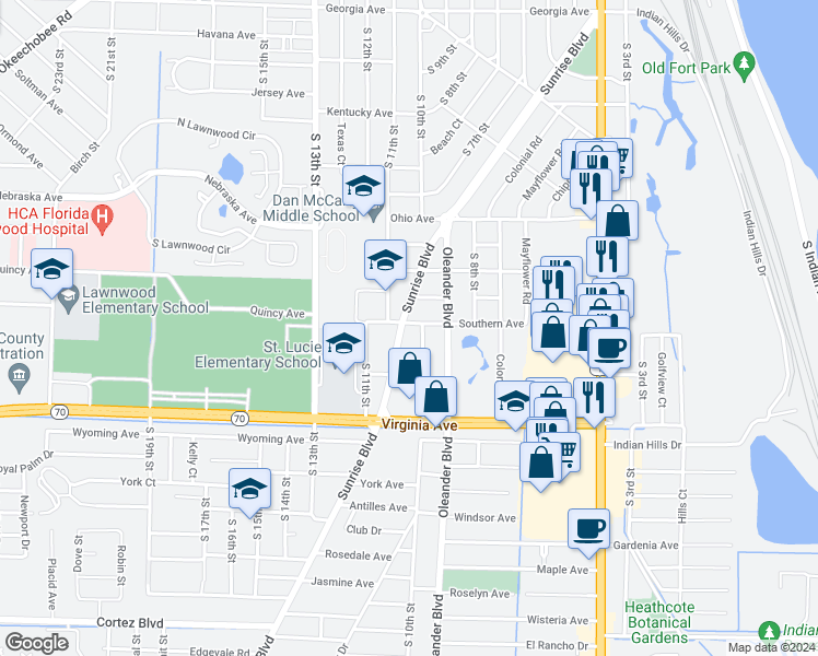 map of restaurants, bars, coffee shops, grocery stores, and more near 2000 Sunrise Boulevard in Fort Pierce