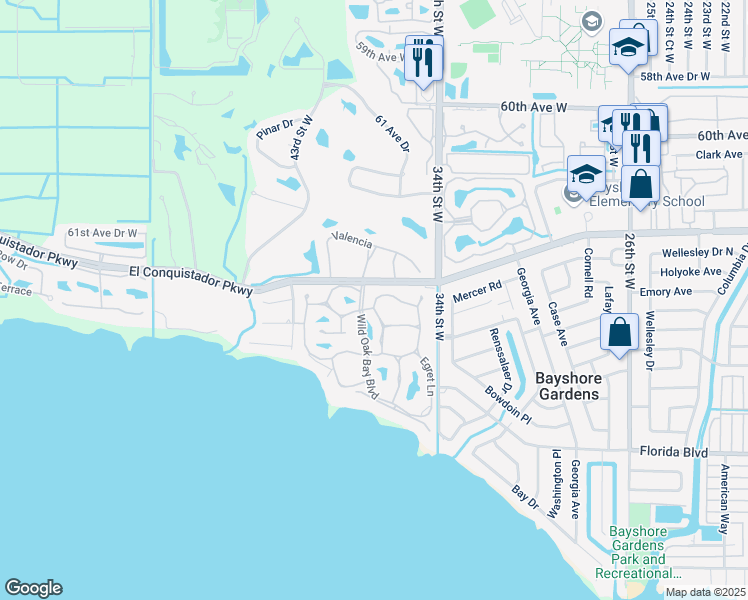 map of restaurants, bars, coffee shops, grocery stores, and more near 3422 Wood Owl Circle in Bradenton