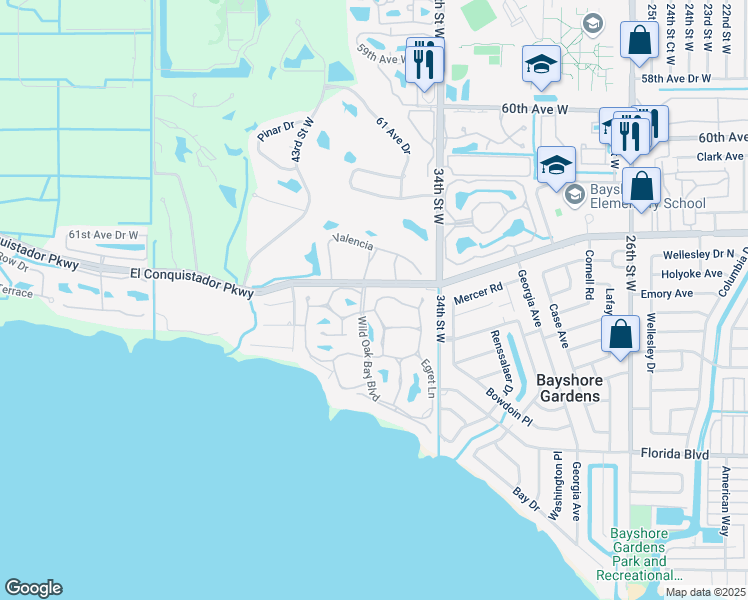map of restaurants, bars, coffee shops, grocery stores, and more near 3422 Wood Owl Circle in Bradenton