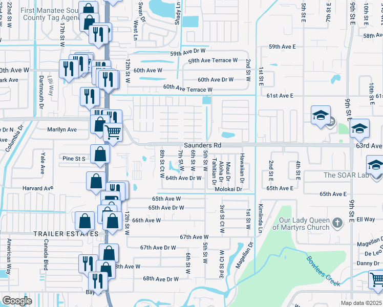 map of restaurants, bars, coffee shops, grocery stores, and more near 610 63rd Avenue West in Bradenton