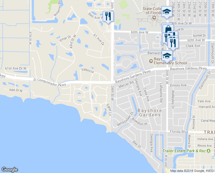 map of restaurants, bars, coffee shops, grocery stores, and more near 6302 Pelican Drive in Bradenton
