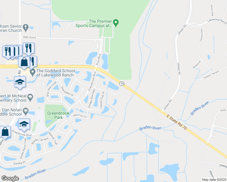 map of restaurants, bars, coffee shops, grocery stores, and more near 15729 Butterfish Place in Bradenton