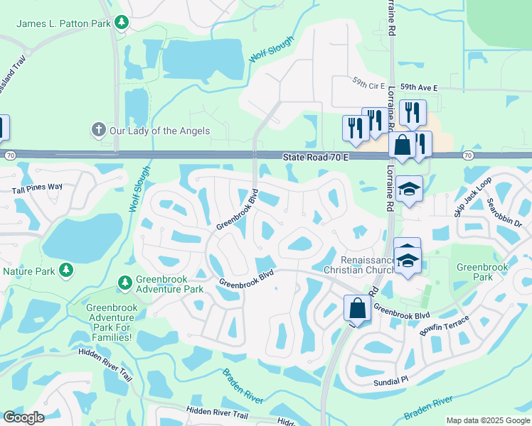 map of restaurants, bars, coffee shops, grocery stores, and more near 13823 Waterthrush Place in Bradenton
