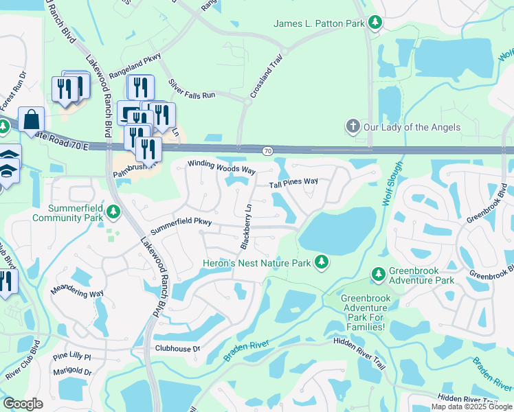 map of restaurants, bars, coffee shops, grocery stores, and more near 12310 Mosswood Place in Lakewood Ranch