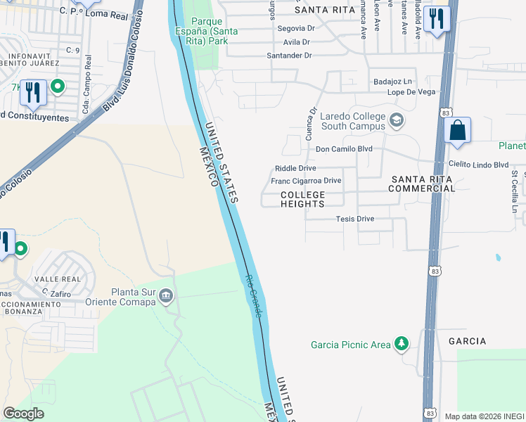 map of restaurants, bars, coffee shops, grocery stores, and more near 1405 Wilfrano Drive in Laredo