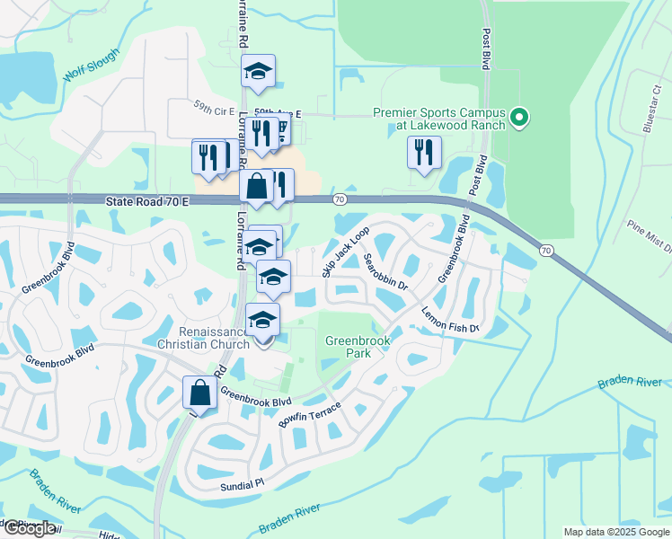 map of restaurants, bars, coffee shops, grocery stores, and more near 14931 Amberjack Terrace in Lakewood Ranch