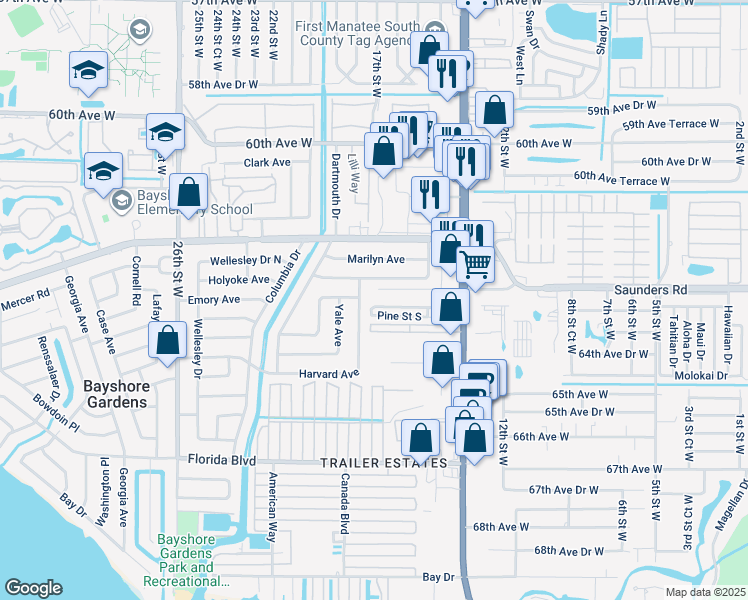 map of restaurants, bars, coffee shops, grocery stores, and more near 1716 63rd Avenue West in Bradenton