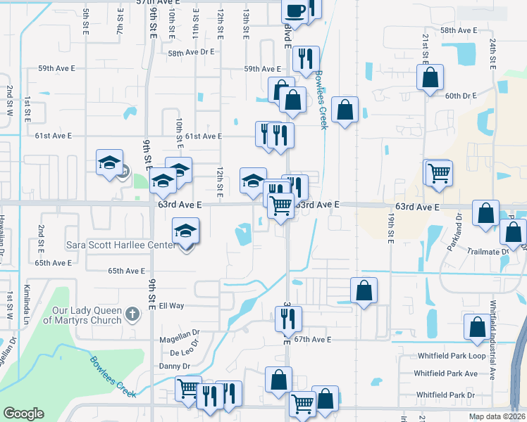 map of restaurants, bars, coffee shops, grocery stores, and more near 6318 14th Street East in Bradenton