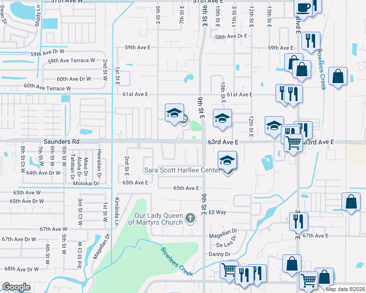 map of restaurants, bars, coffee shops, grocery stores, and more near 6311 7th Street Court East in Bradenton