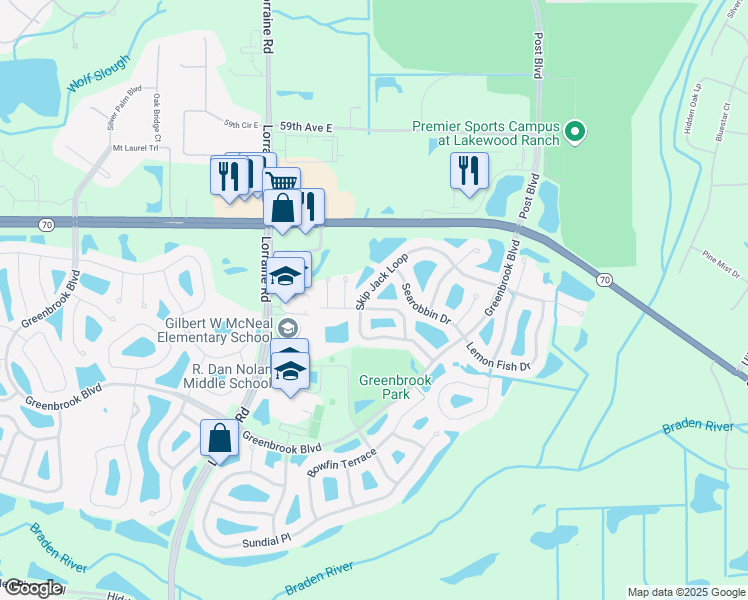 map of restaurants, bars, coffee shops, grocery stores, and more near 14931 Amberjack Terrace in Lakewood Ranch
