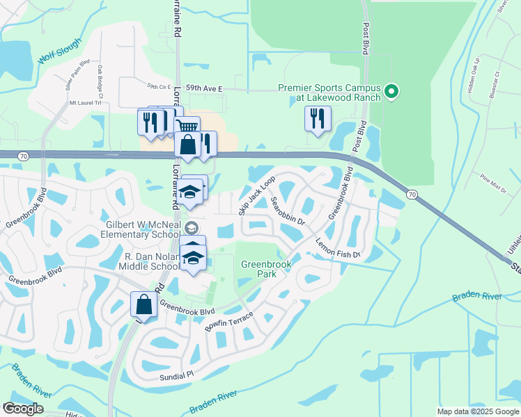 map of restaurants, bars, coffee shops, grocery stores, and more near 14931 Amberjack Terrace in Lakewood Ranch