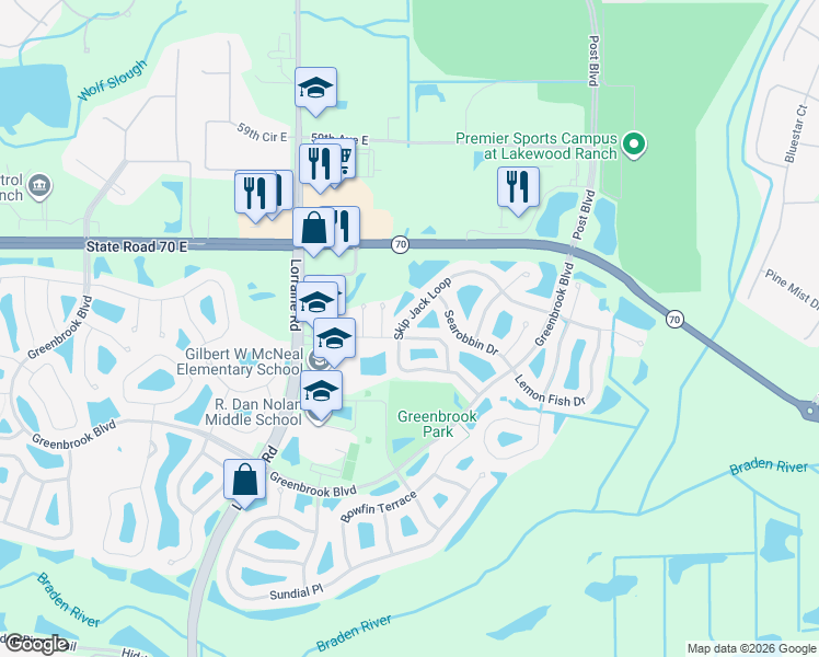 map of restaurants, bars, coffee shops, grocery stores, and more near 14931 Amberjack Terrace in Lakewood Ranch