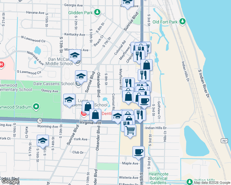 map of restaurants, bars, coffee shops, grocery stores, and more near 1910 Colonial Road in Fort Pierce