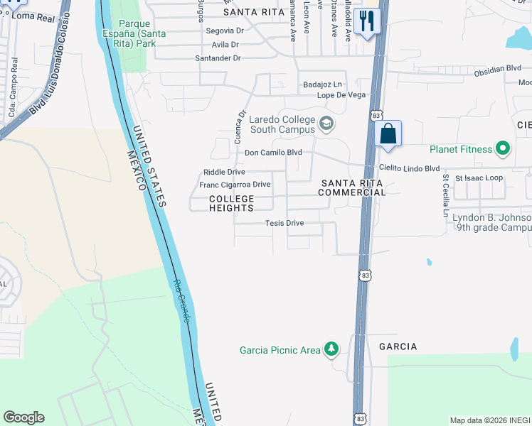 map of restaurants, bars, coffee shops, grocery stores, and more near 1525 Wilfrano Drive in Laredo
