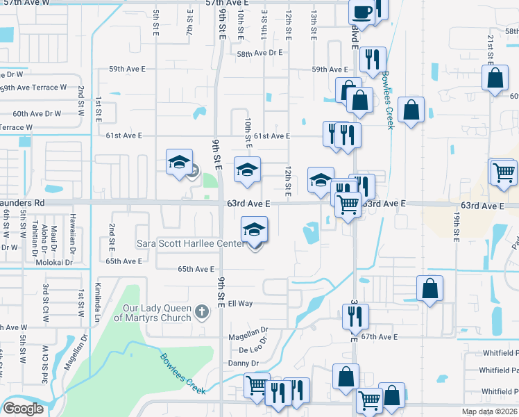 map of restaurants, bars, coffee shops, grocery stores, and more near 1020 63rd Avenue East in Bradenton