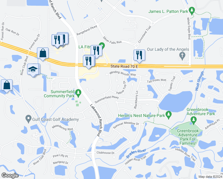 map of restaurants, bars, coffee shops, grocery stores, and more near 11906 Winding Woods Way in Bradenton