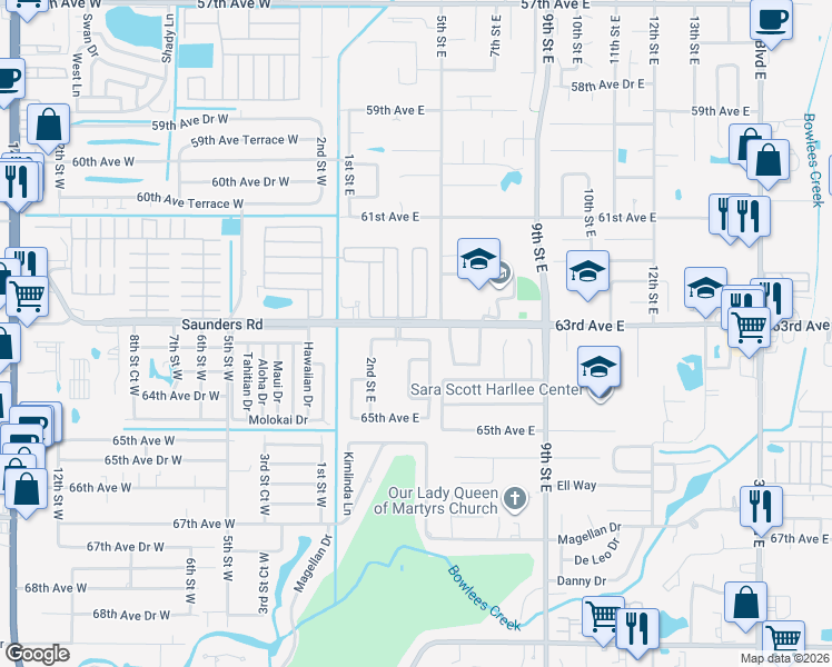 map of restaurants, bars, coffee shops, grocery stores, and more near 311 63rd Avenue Drive West in Bradenton