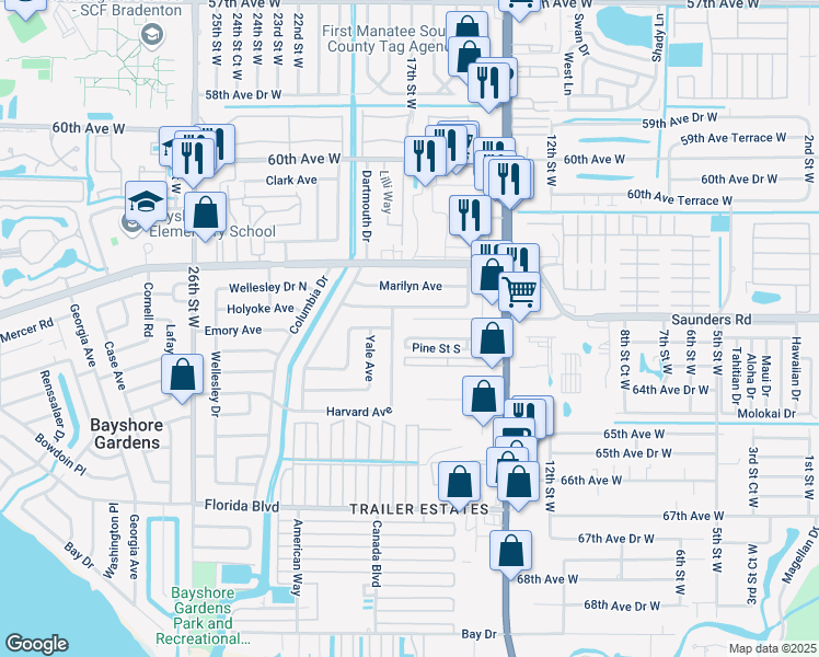 map of restaurants, bars, coffee shops, grocery stores, and more near 1716 63rd Avenue West in Bradenton