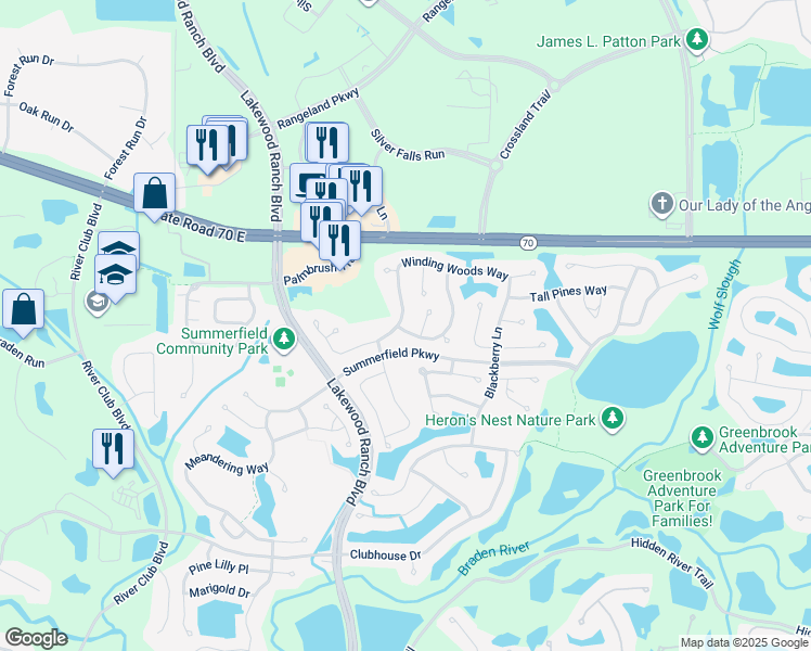 map of restaurants, bars, coffee shops, grocery stores, and more near 11906 Winding Woods Way in Lakewood Ranch