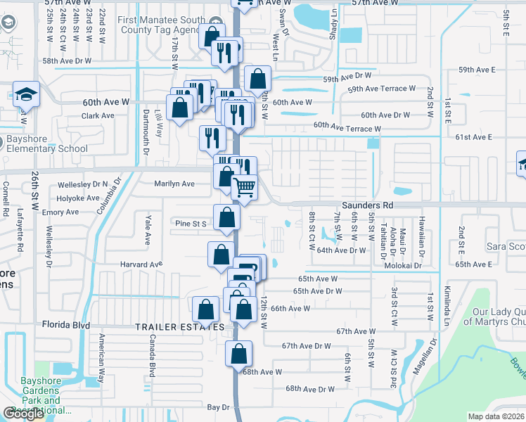 map of restaurants, bars, coffee shops, grocery stores, and more near 1112 63rd Avenue West in Bradenton