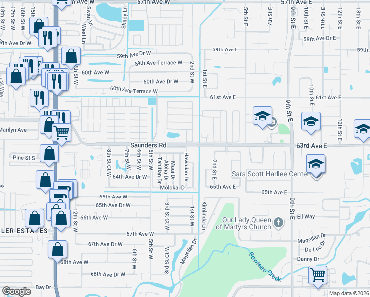 map of restaurants, bars, coffee shops, grocery stores, and more near 202 Polynesian Drive in Bradenton