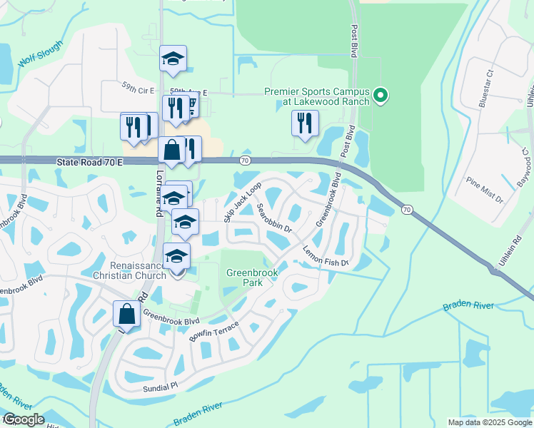 map of restaurants, bars, coffee shops, grocery stores, and more near 15207 Searobbin Drive in Lakewood Ranch