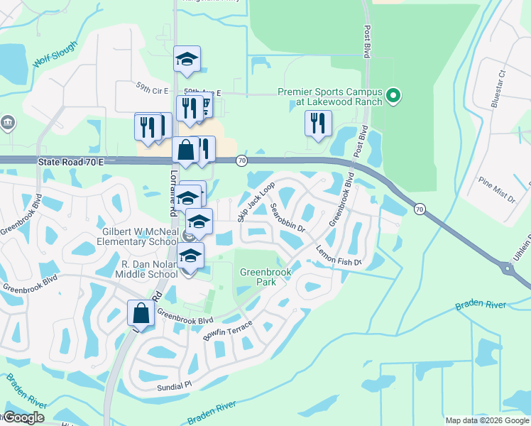 map of restaurants, bars, coffee shops, grocery stores, and more near 14943 Amberjack Terrace in Bradenton