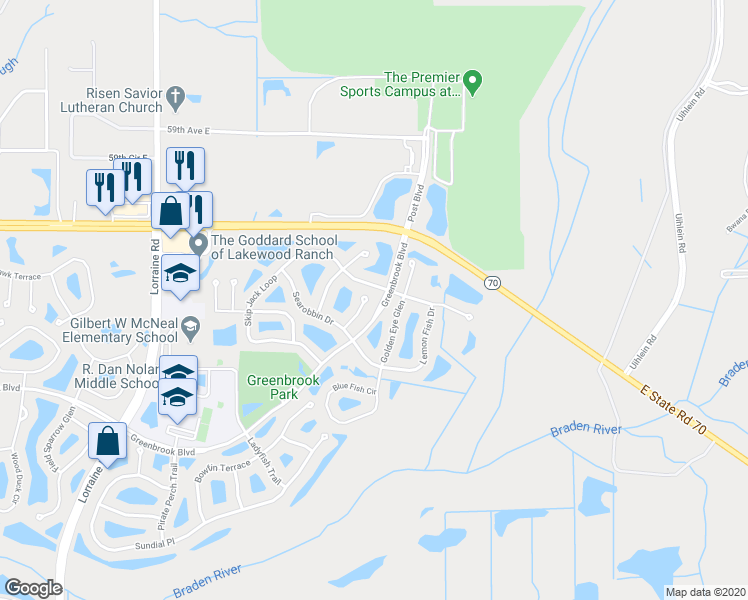 map of restaurants, bars, coffee shops, grocery stores, and more near 6203 Blackdrum Court in Lakewood Ranch