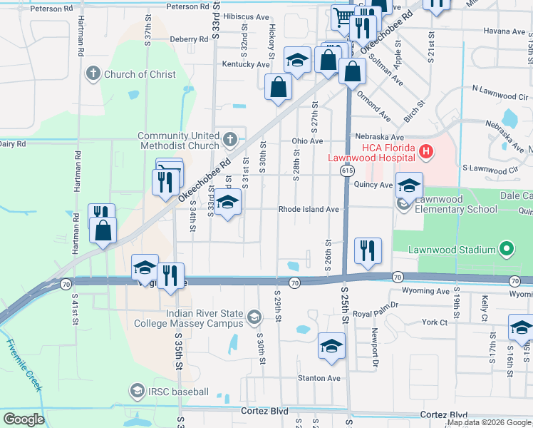 map of restaurants, bars, coffee shops, grocery stores, and more near 1904 South 30th Street in Fort Pierce